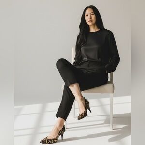 Vintage Stuart Weitzman Black Metallic Gold Leopard Print Pumps Bow on Heel Sz 6